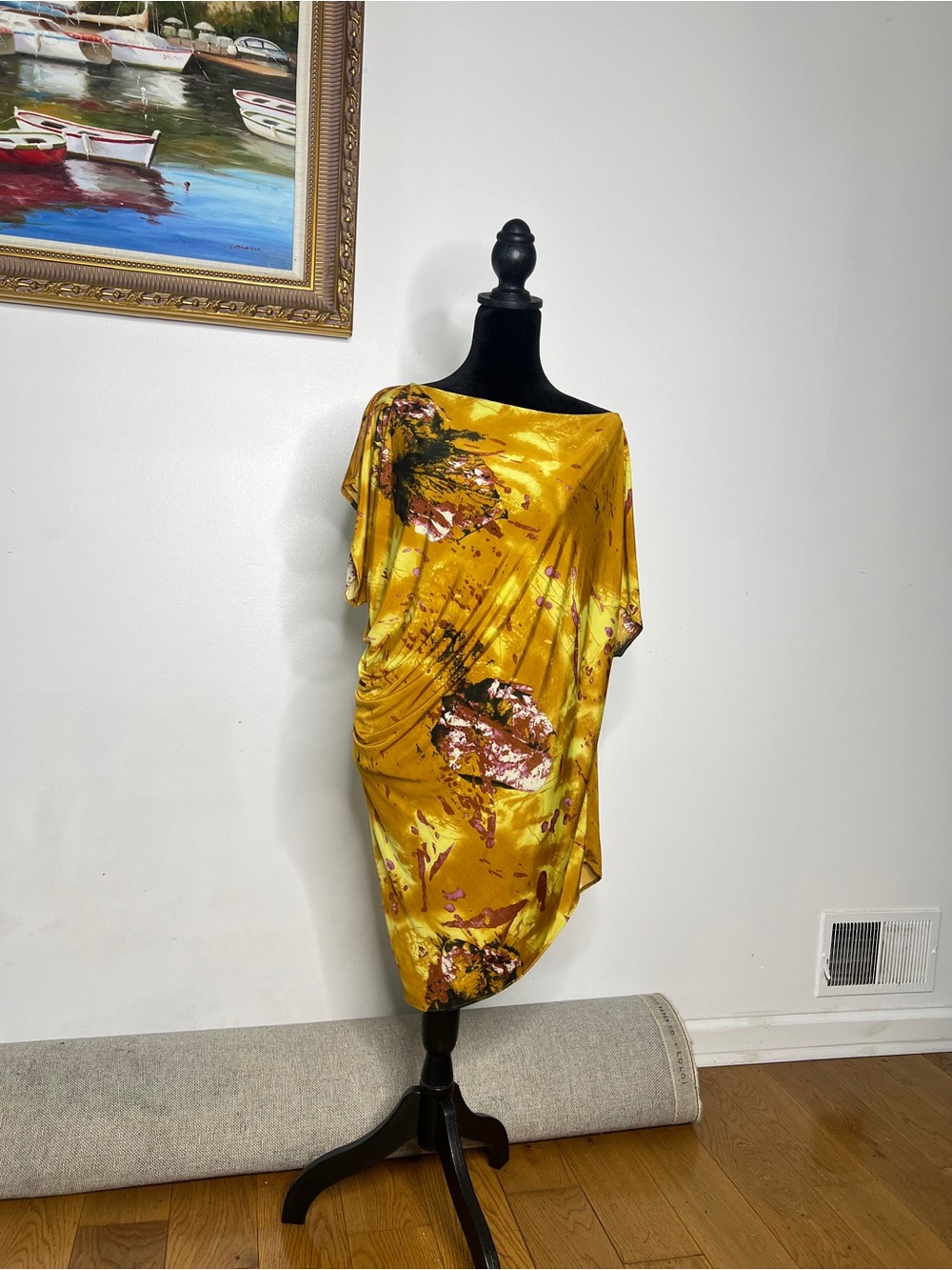 Floral Satin Draped Mini Dress in Mustard